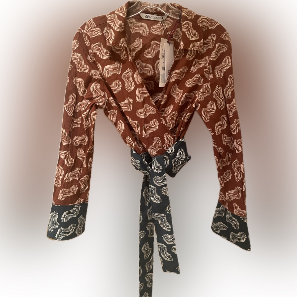 Zara Terracotta, Green & White Leaf Print Blouse